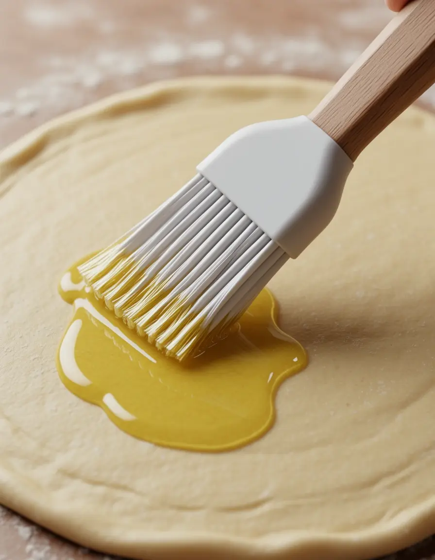 Pincel de silicona para repostería con mango de madera aplicando aceite