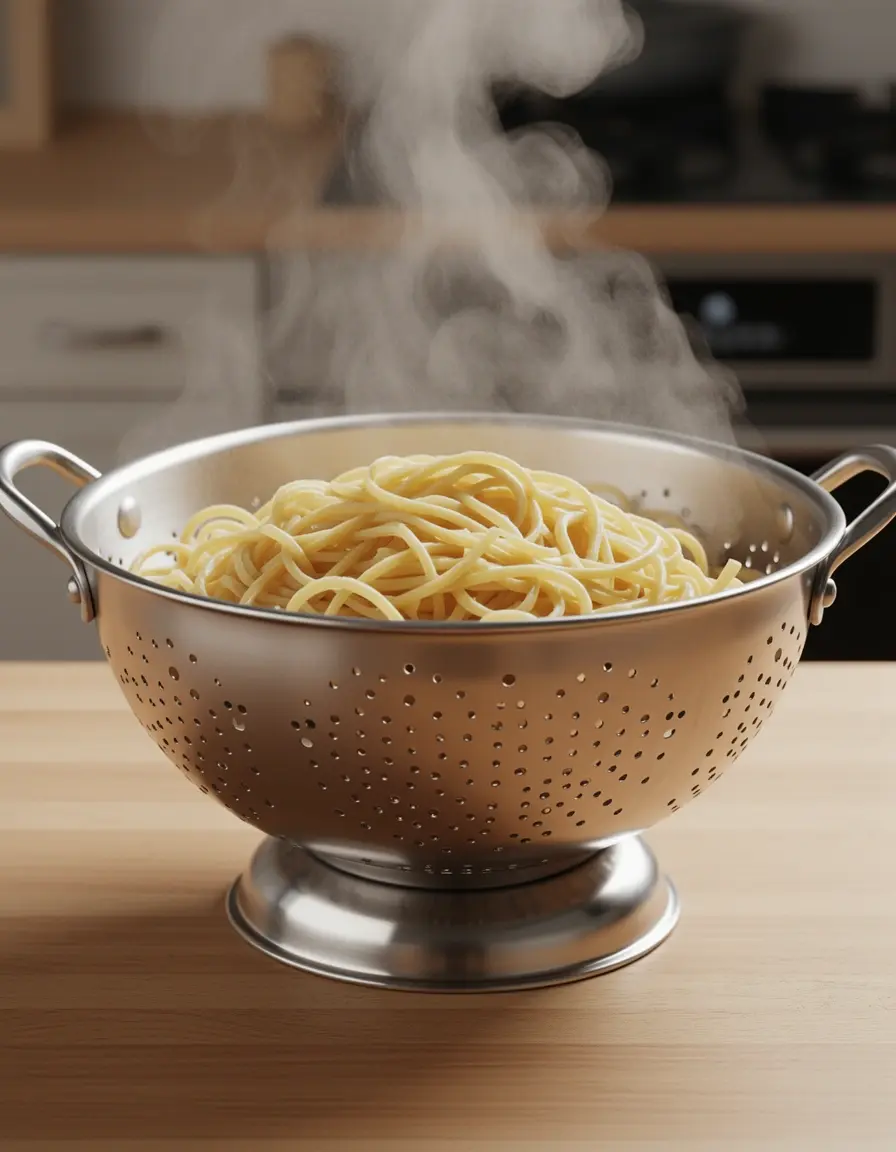 Colador de acero inoxidable de 3 cuartos escurriendo pasta con vapor