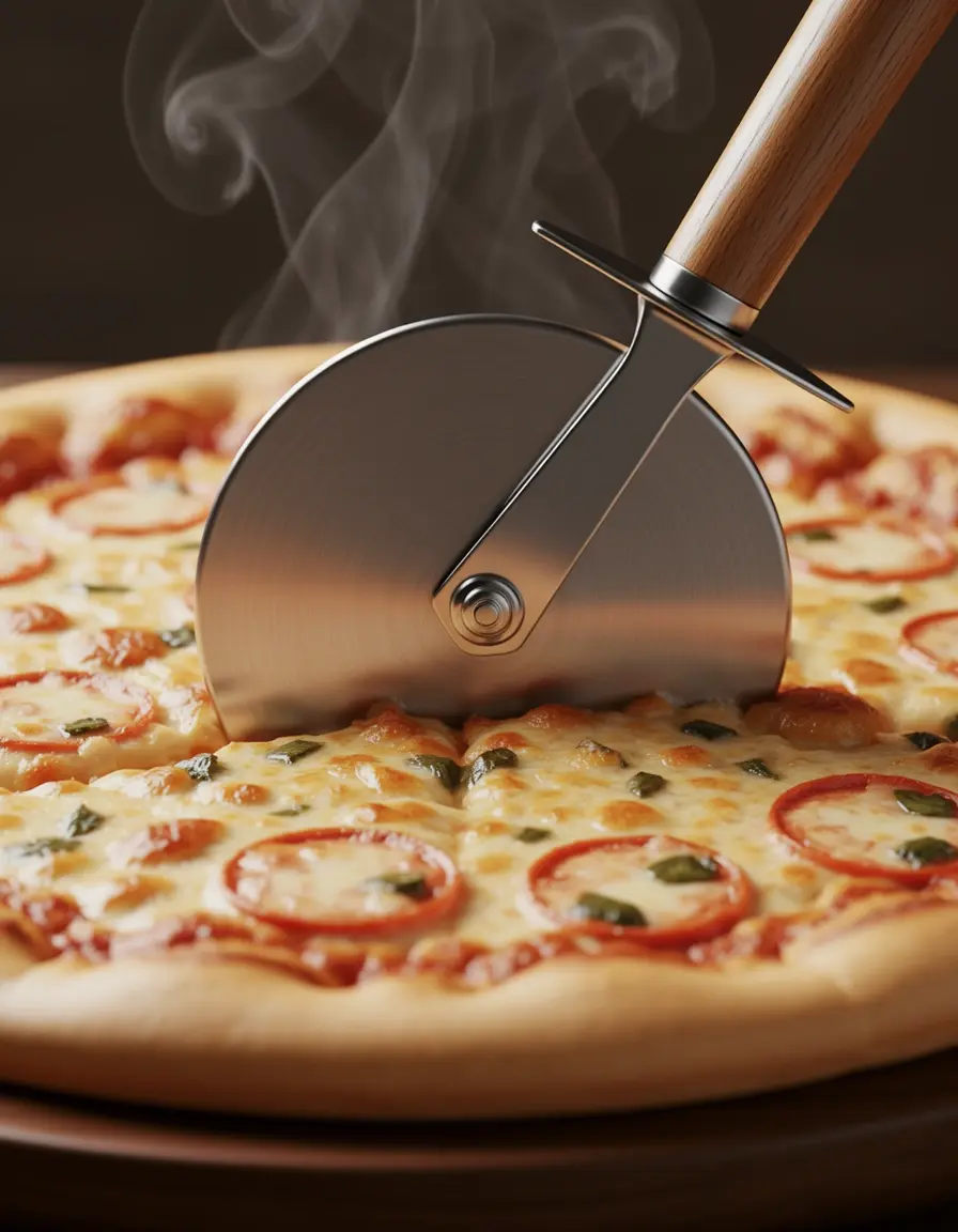 Cortador de pizza de acero inoxidable con mango de madera cortando una pizza crujiente