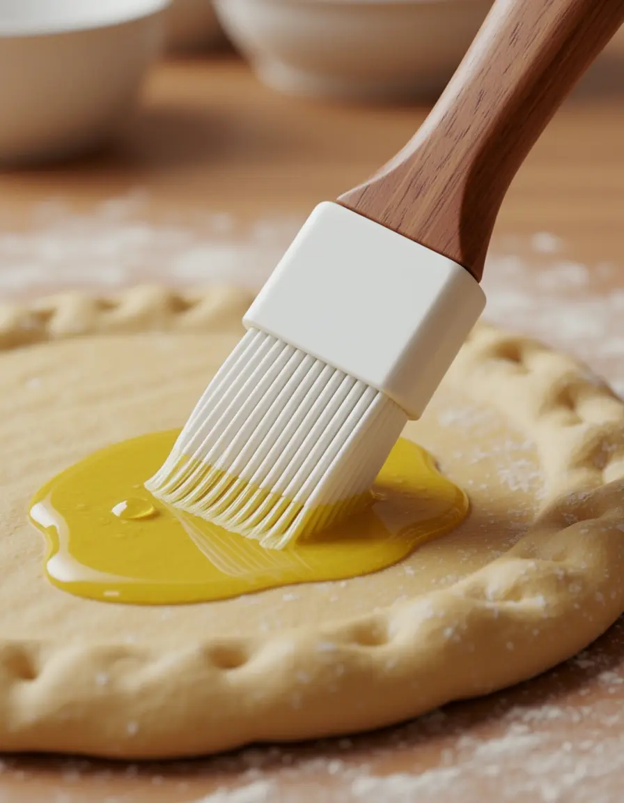 Brocha de silicona con mango de madera aplicando aceite en repostería