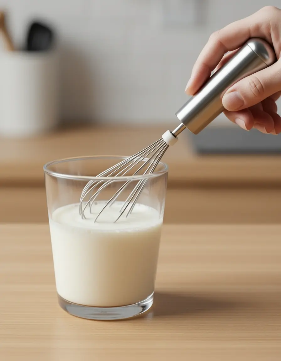 Espumador de leche de mano creando espuma cremosa en un vaso