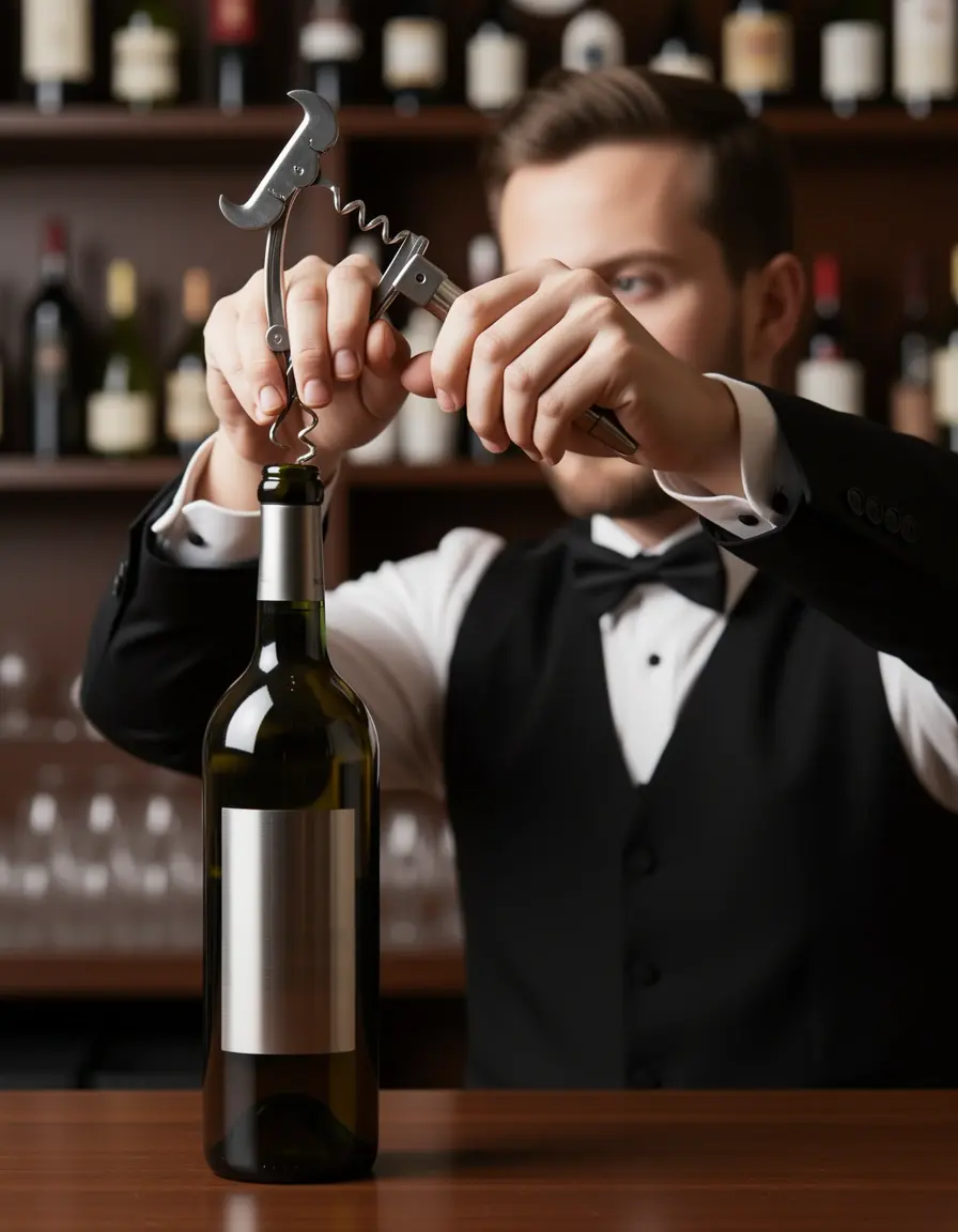 Sacacorchos profesional de camarero abriendo una botella de vino