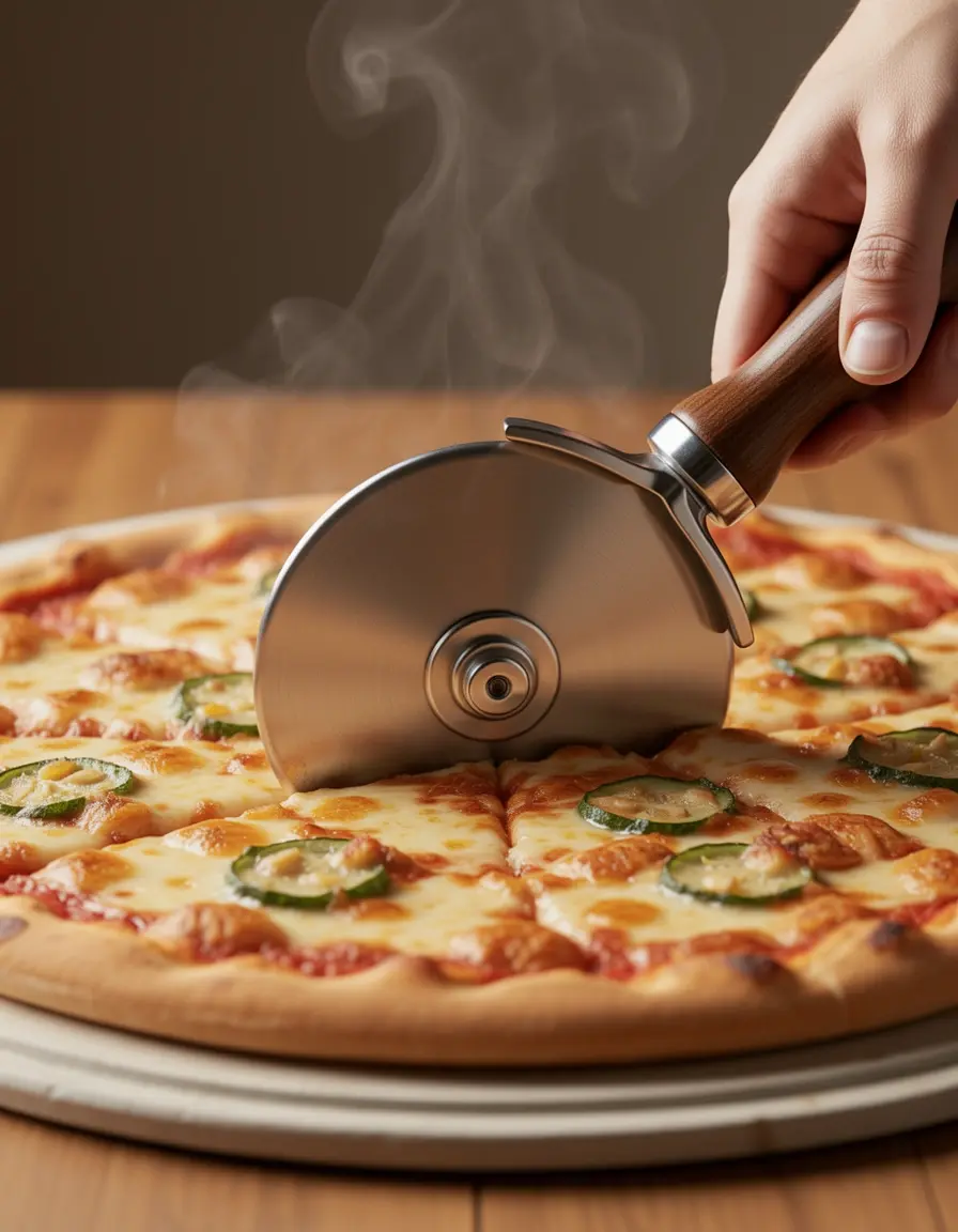 Cortador de pizza de acero inoxidable cortando una pizza crujiente