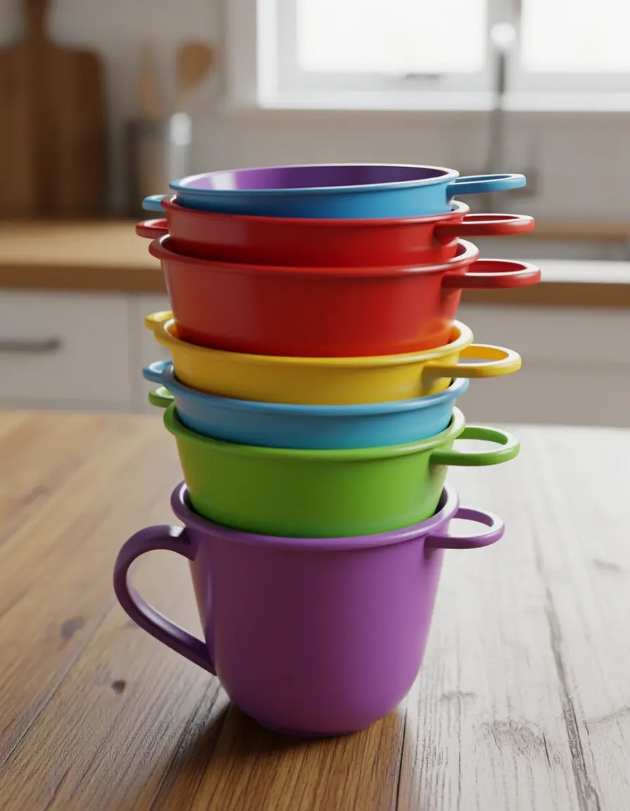 Set de 5 tazas medidoras de plástico coloridas apiladas