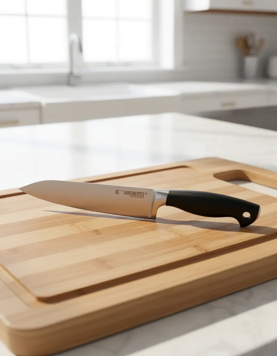Cuchillo de chef profesional de acero inoxidable en tabla de madera