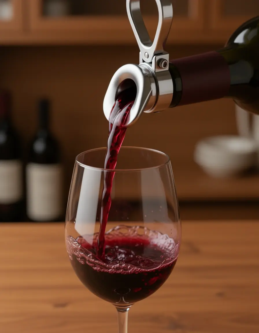 Aireador de vino vertiendo vino tinto en una copa
