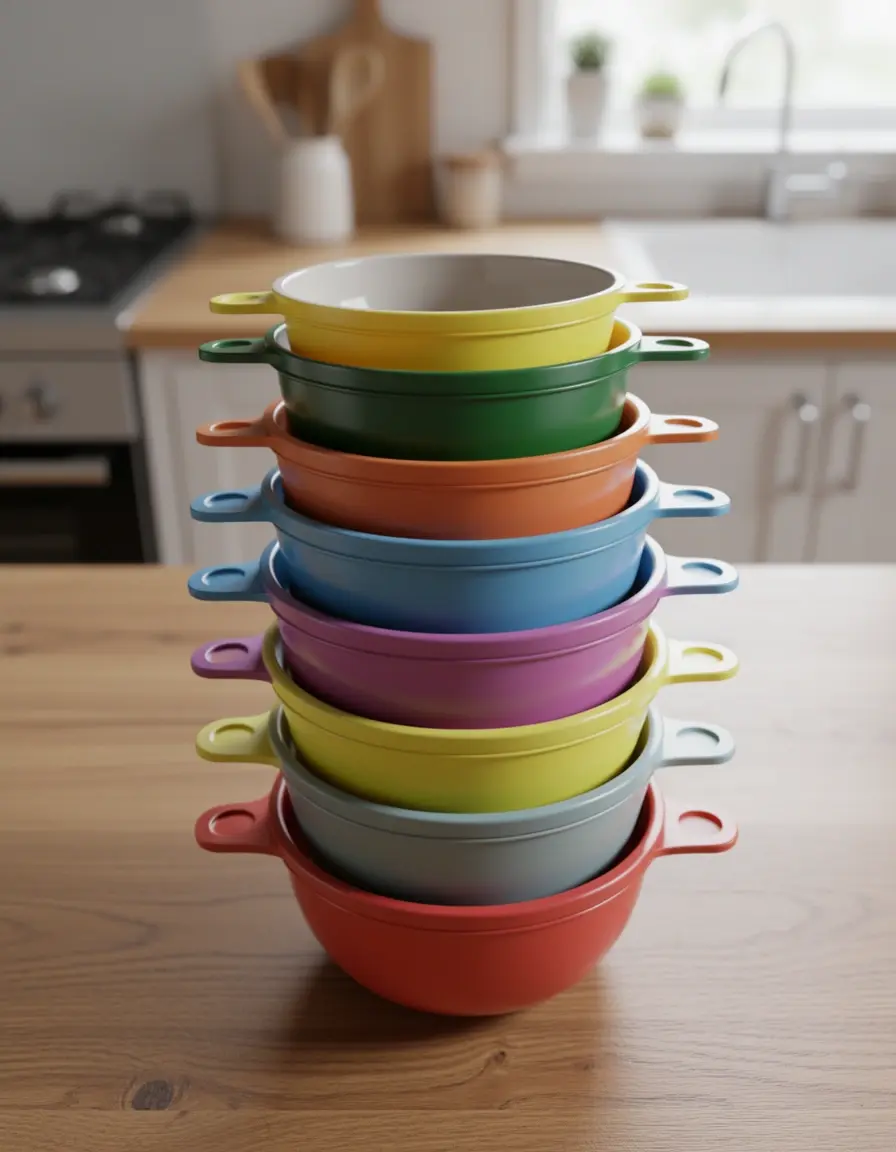 Set de 5 tazas medidoras de plástico coloridas apiladas