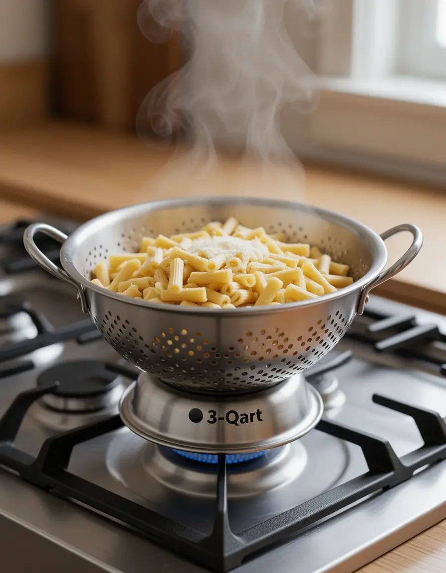 Colador de acero inoxidable con pasta recién escurrida y vapor