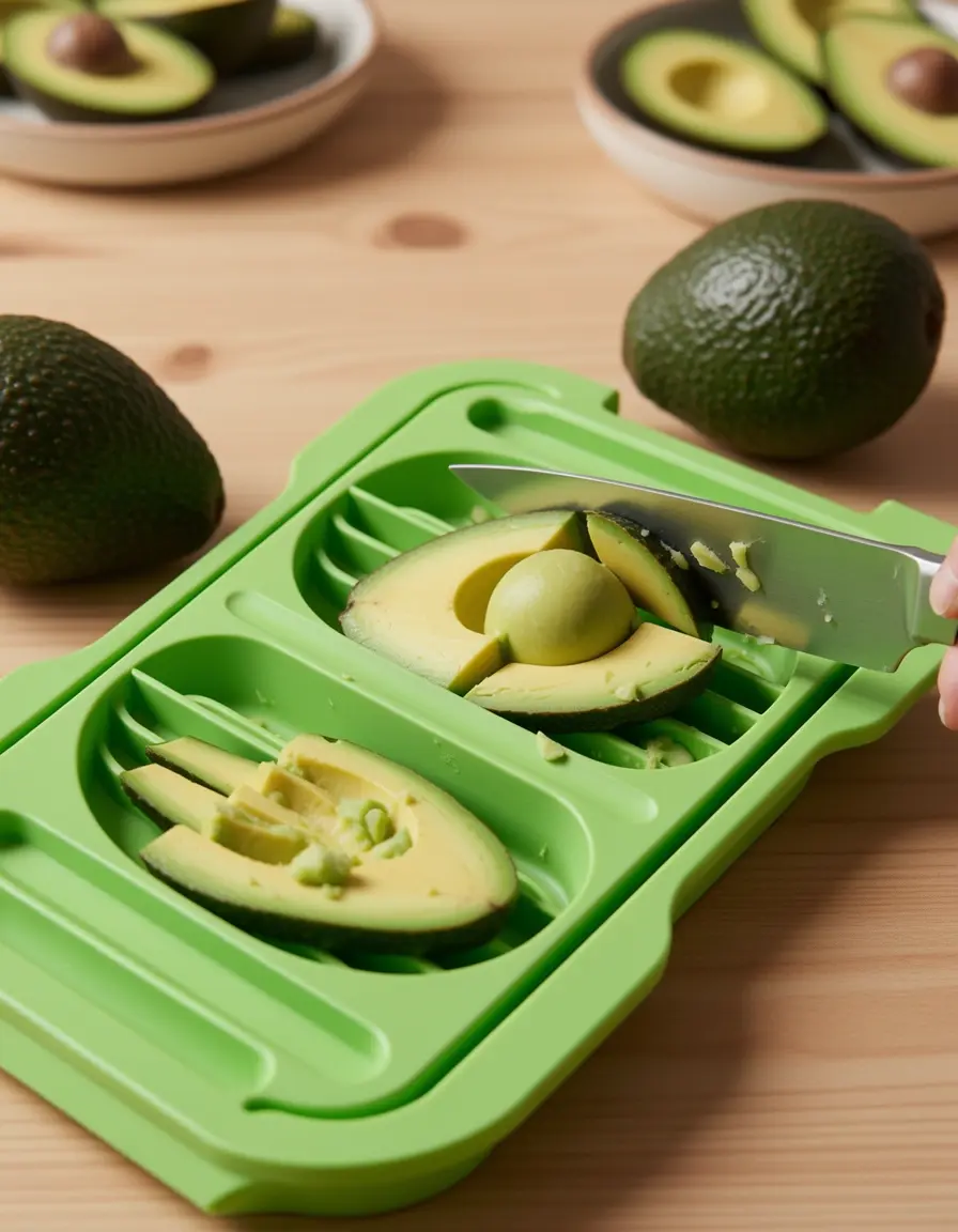 Cortador de aguacate 3 en 1 deshuesando un aguacate