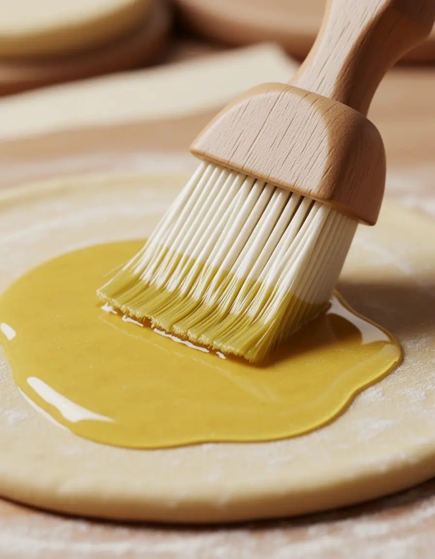 Pincel de silicona con mango de madera aplicando aceite sobre hojaldre