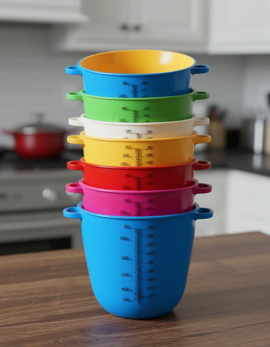 Set de 5 tazas medidoras de plástico coloridas apiladas en una mesa de cocina