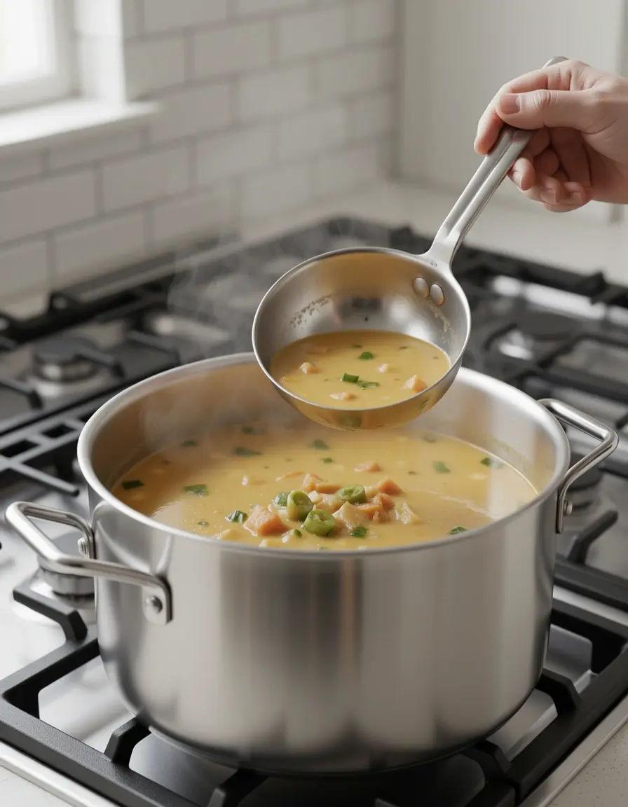 Cucharón de acero inoxidable de 4 oz sirviendo sopa de una olla