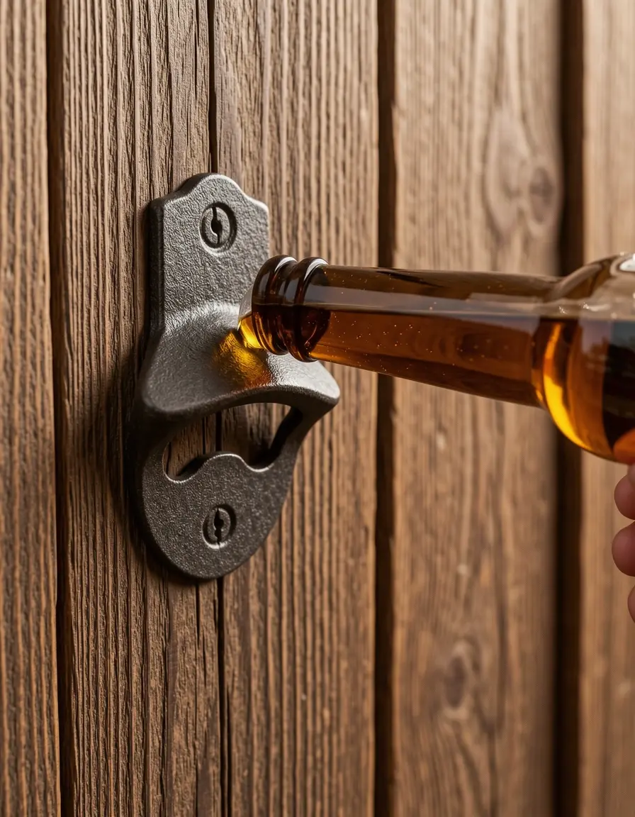 Abridor de botellas de hierro fundido montado en la pared abriendo una cerveza