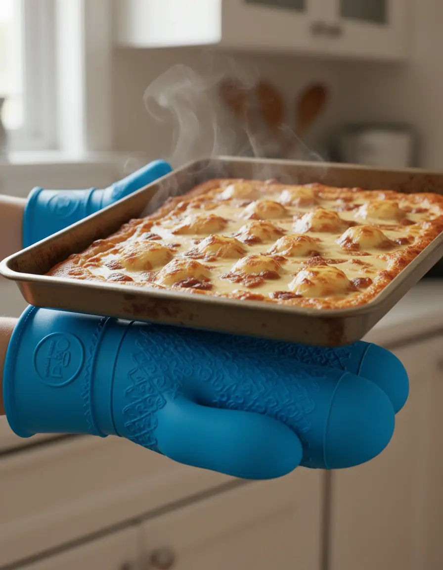 Par de guantes de silicona azules sosteniendo una bandeja de horno caliente