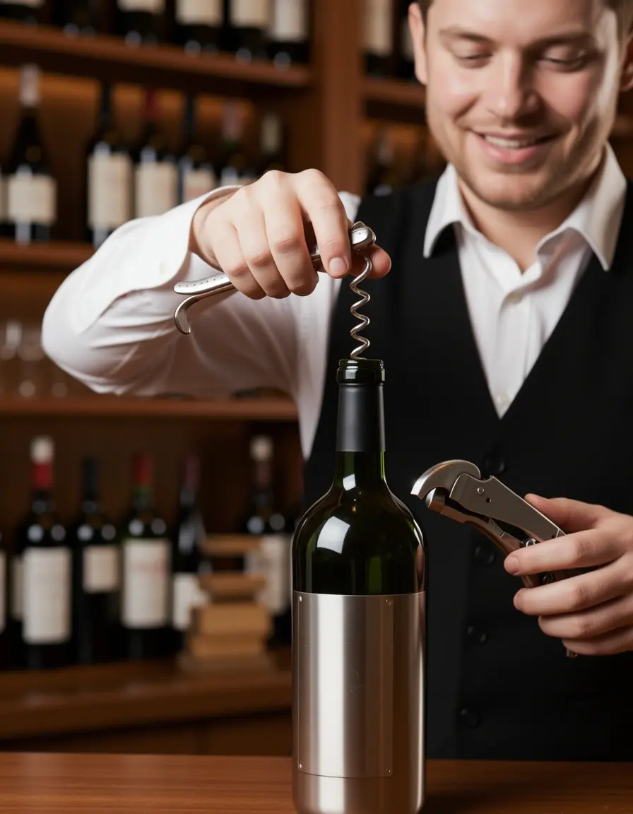 Sacacorchos de camarero de acero inoxidable abriendo una botella de vino
