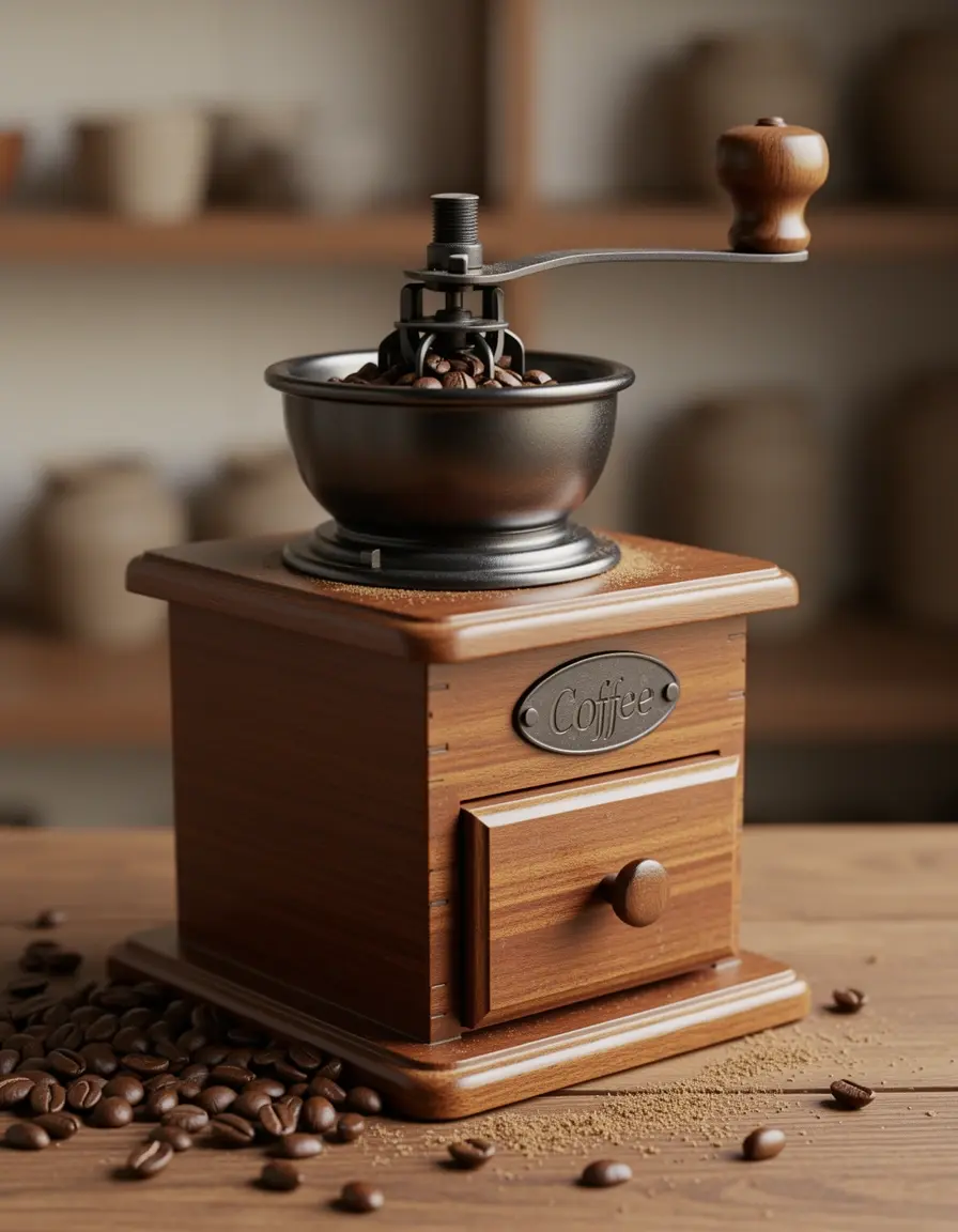 Molinillo de café manual con muelas de cerámica moliendo granos