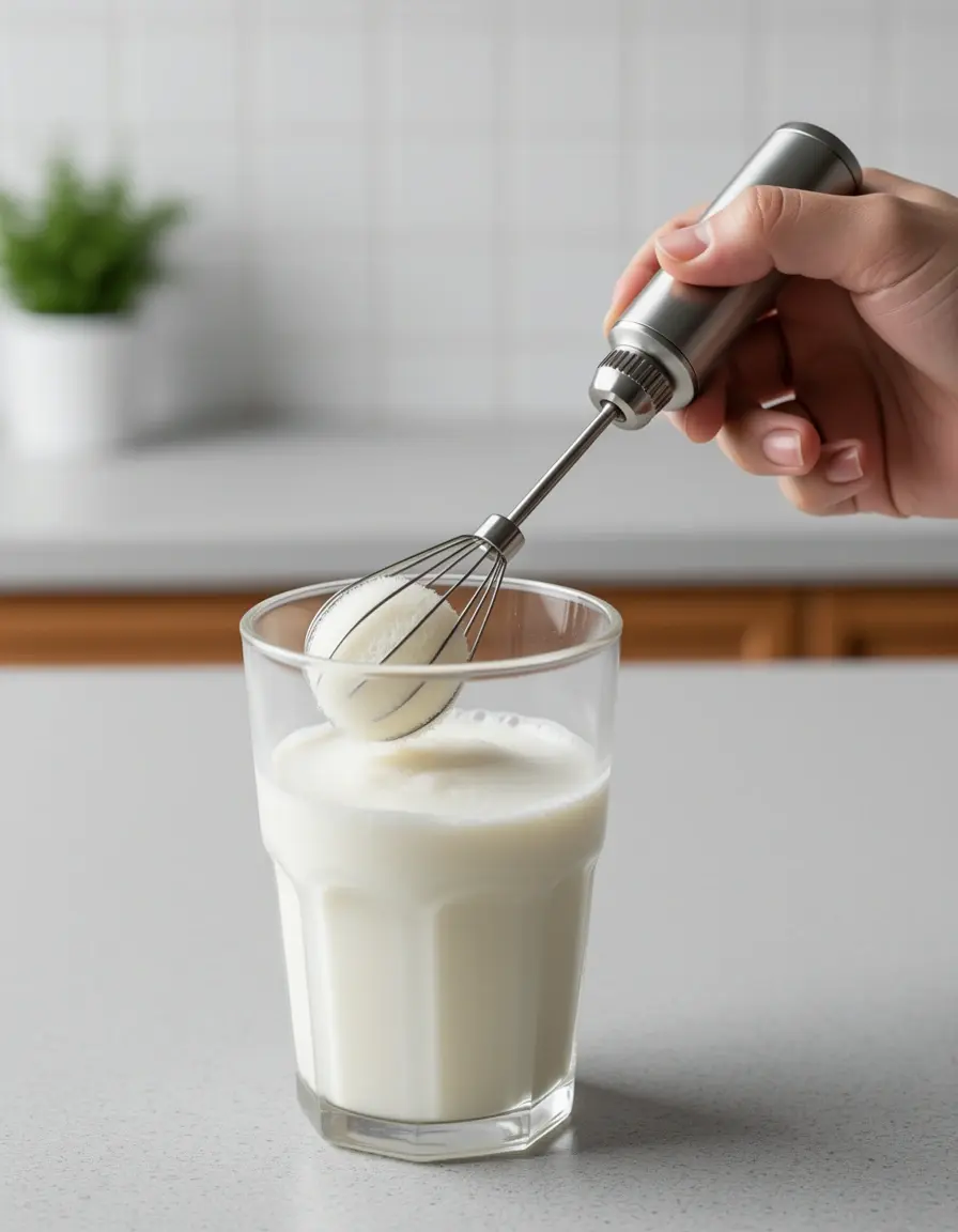 Espumador de leche de mano creando espuma espesa en un vaso