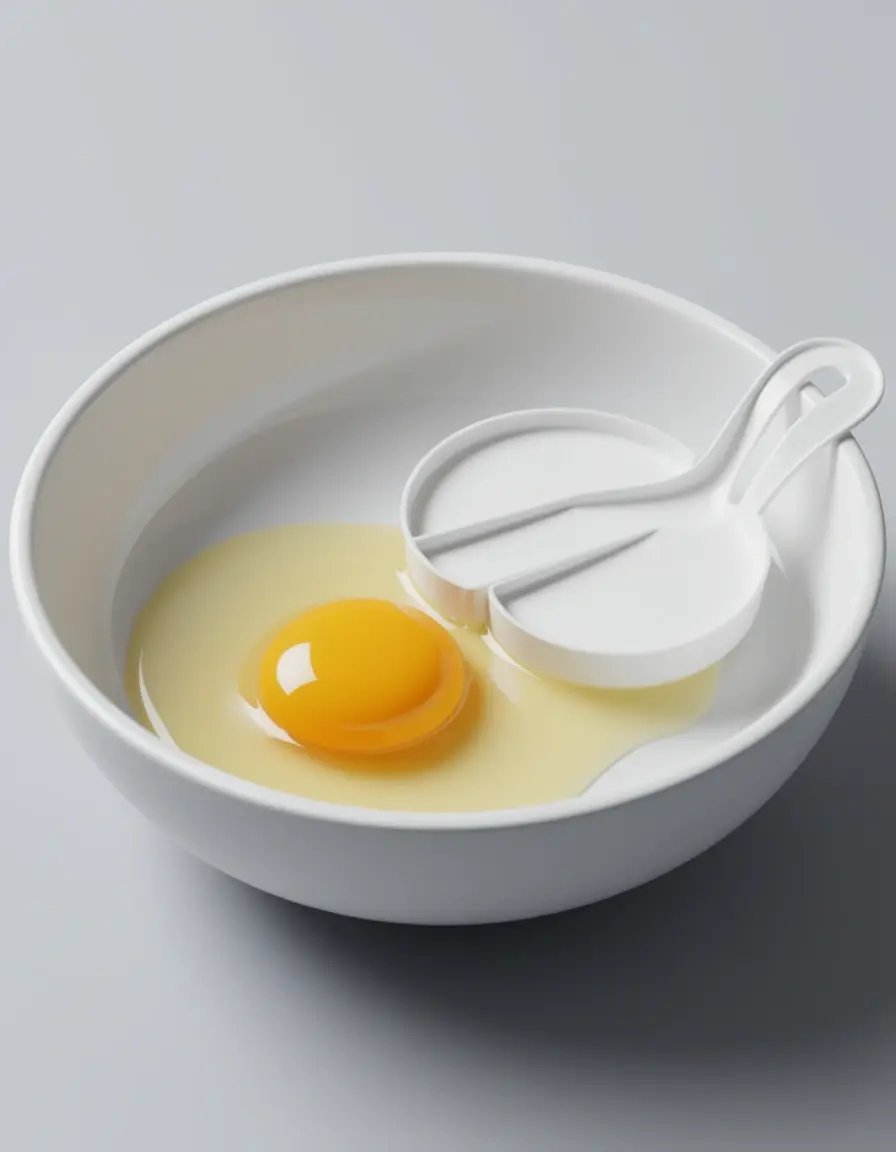 Separador de huevos de plástico separando la clara de la yema sobre un bol