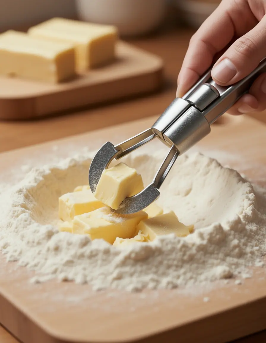 Mezclador de masa manual cortando mantequilla en harina
