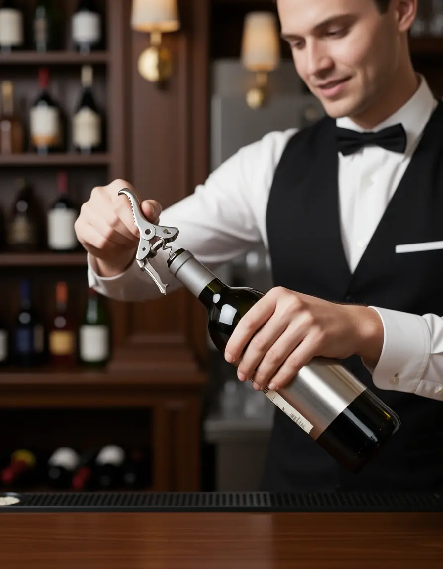 Sacacorchos de camarero abriendo una botella de vino