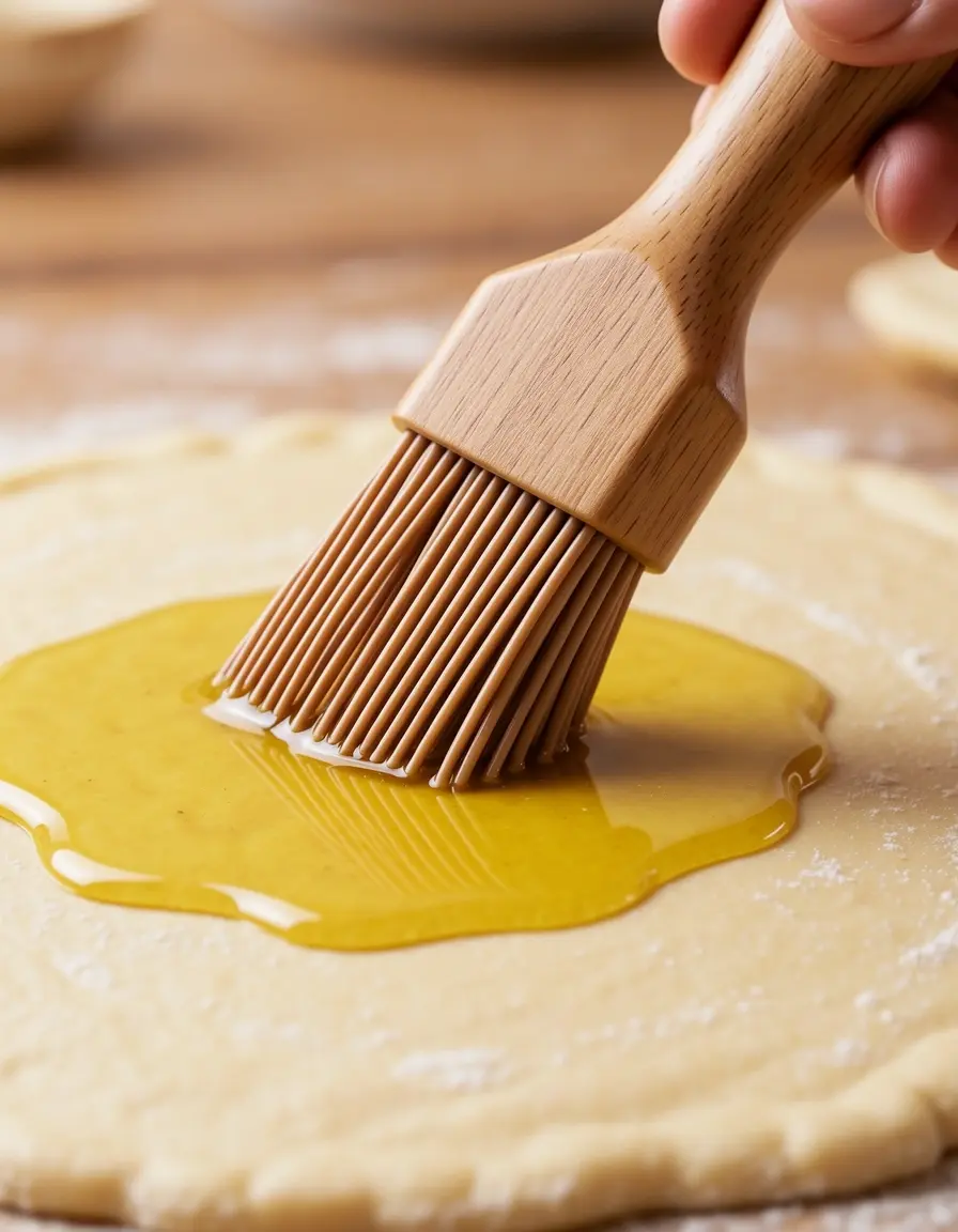 Pincel de silicona con mango de madera aplicando aceite en bollería