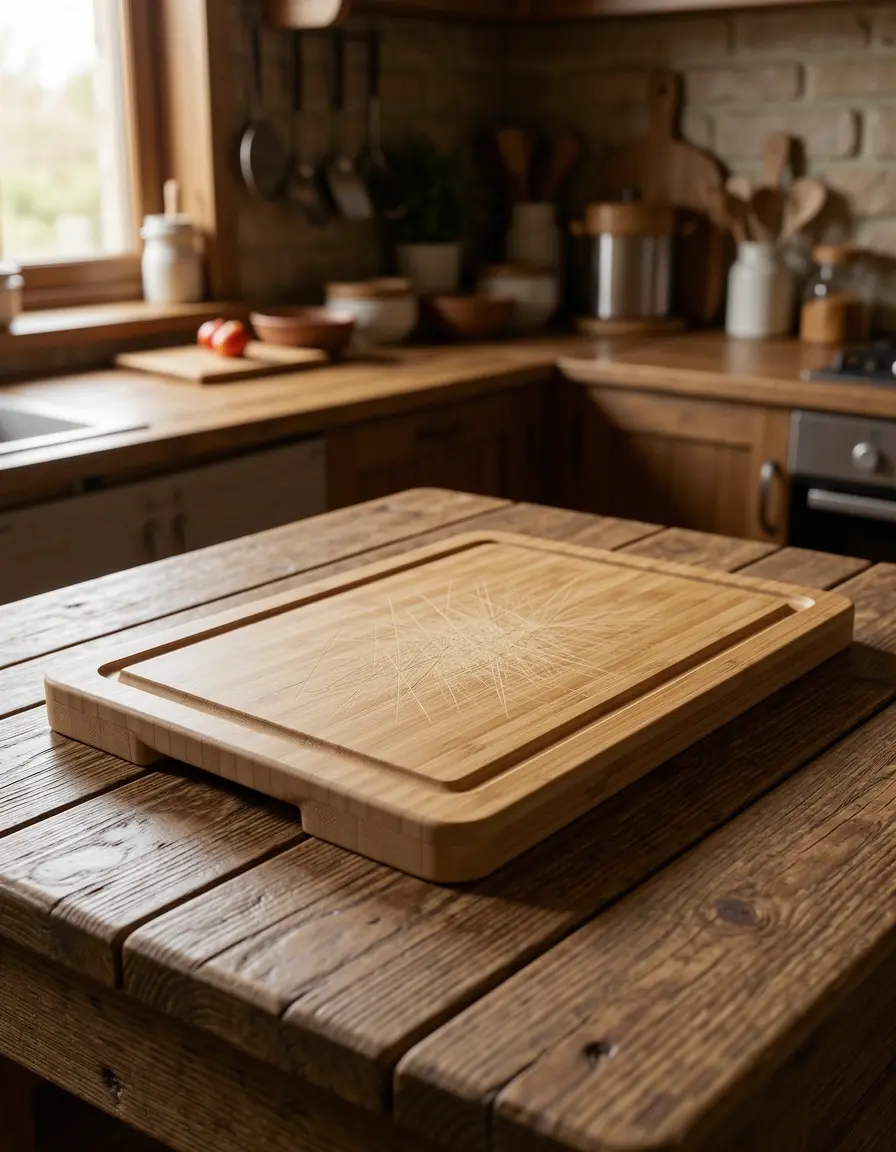 Tabla de cortar de bambú pequeña con surco para jugos en cocina rústica