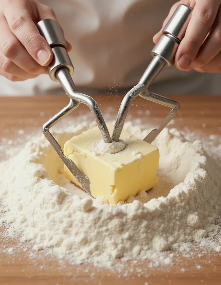 Mezclador de masa de acero inoxidable cortando mantequilla en harina