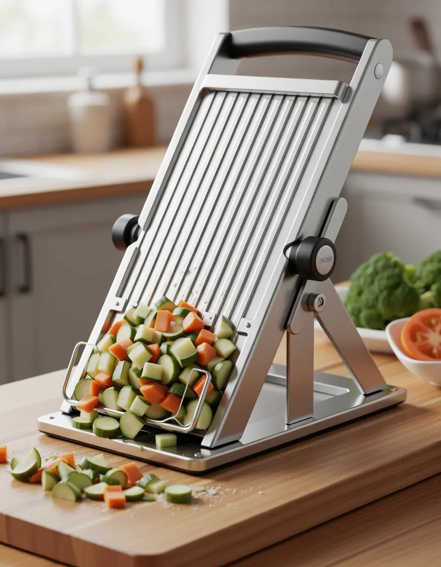 Mandolina de cocina ajustable cortando verduras finamente