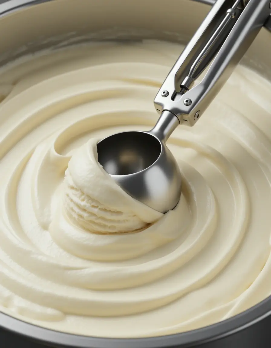Cuchara de helado de acero inoxidable sirviendo una bola perfecta de vainilla