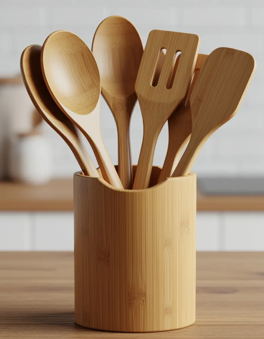 Set de utensilios de bambú de 6 piezas para cocina organizada