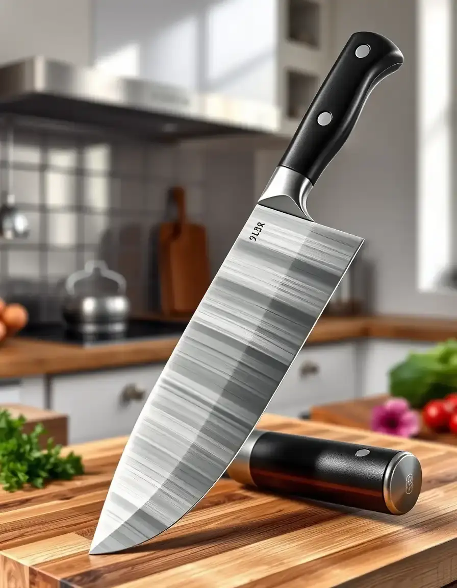 Cuchillo de chef profesional de acero inoxidable en cocina con suelo hidráulico