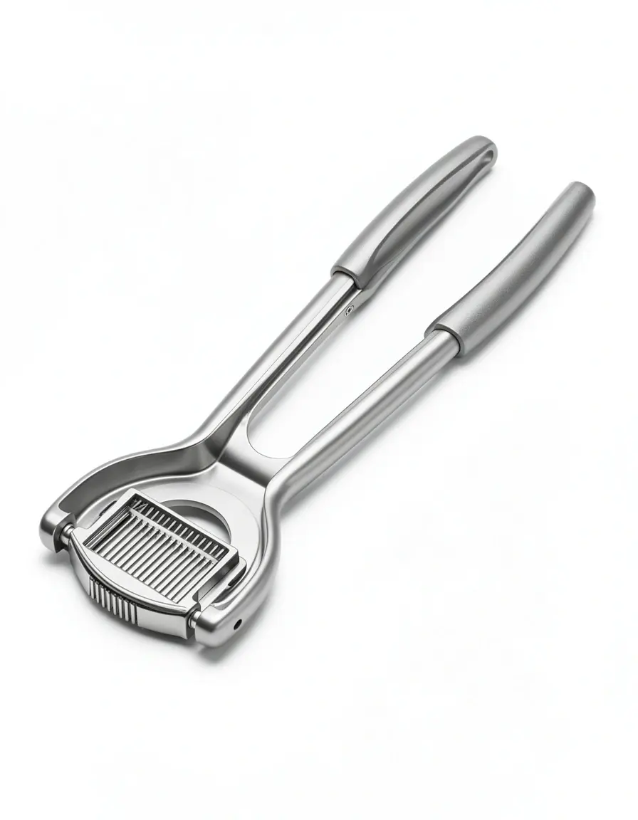Prensa de ajos de aluminio ergonómica en fondo blanco