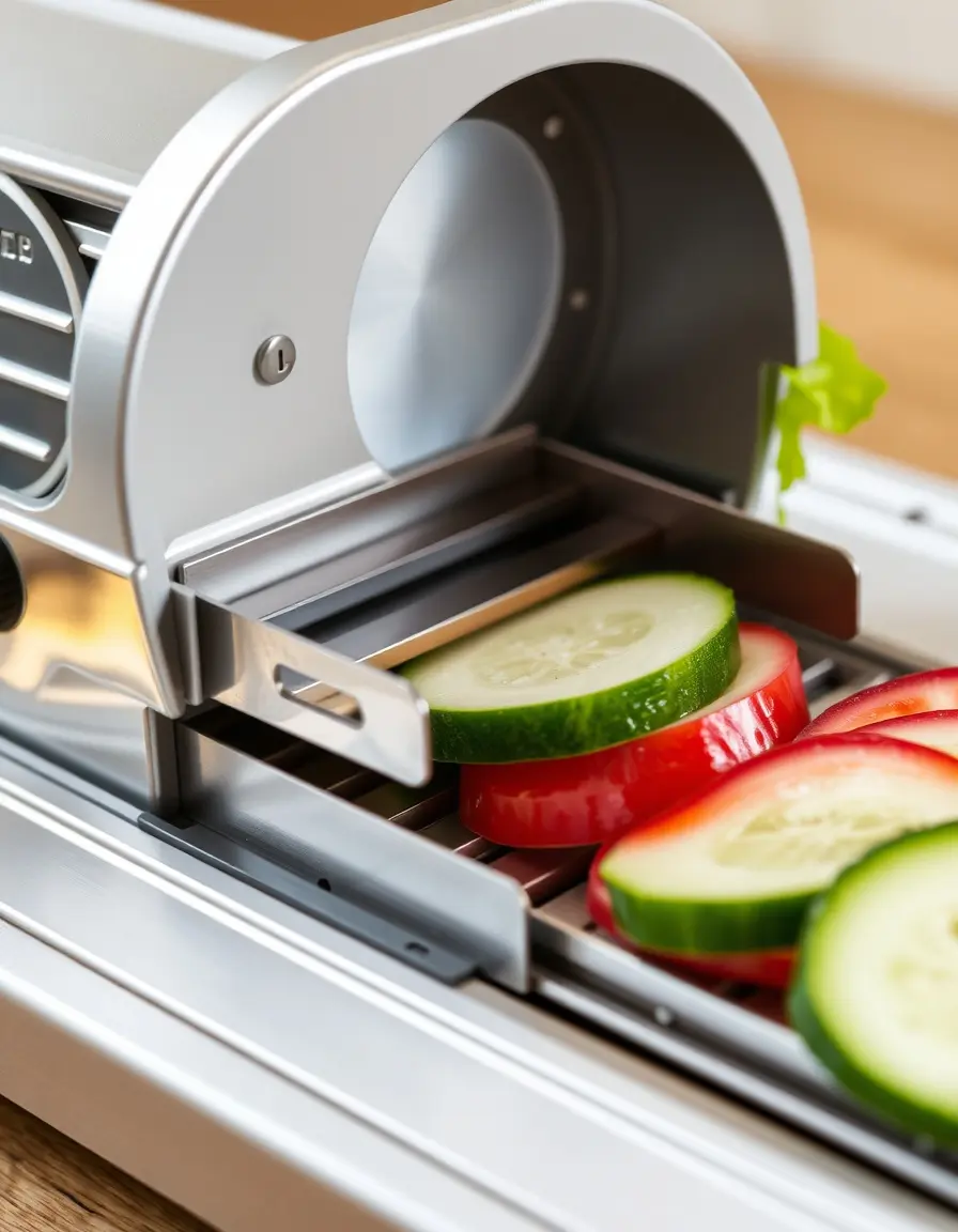 Mandolina ajustable cortando verduras con protector de seguridad