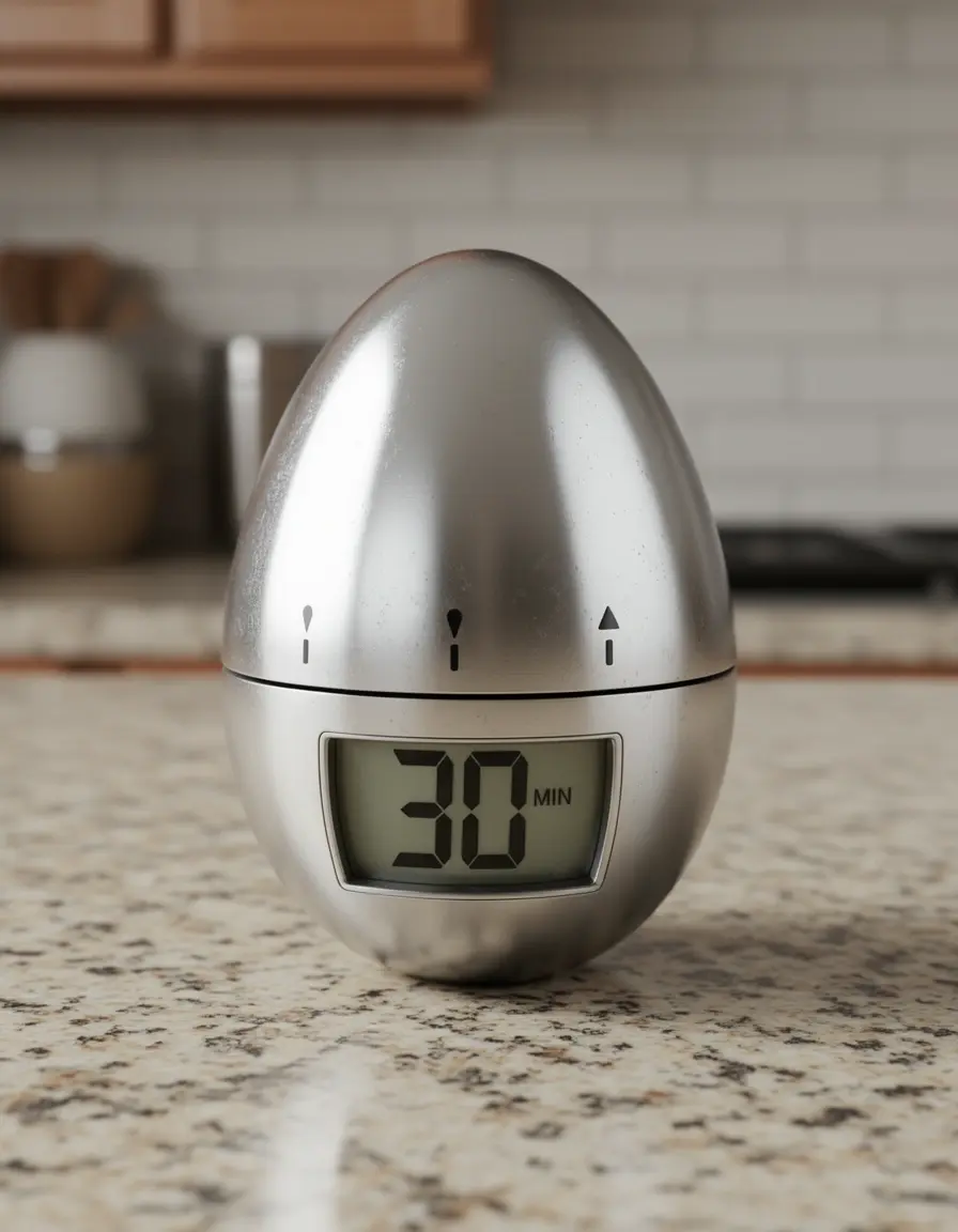 Temporizador de cocina mecánico con forma de huevo en una encimera