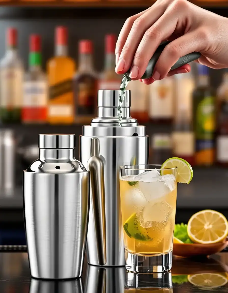 Set de coctelera de acero inoxidable de 3 piezas en barra