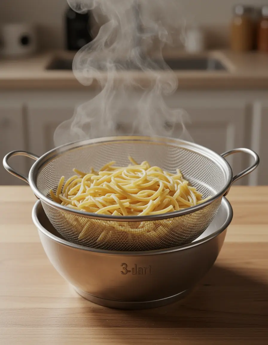 Escurridor de acero inoxidable de 3 cuartos con pasta humeante