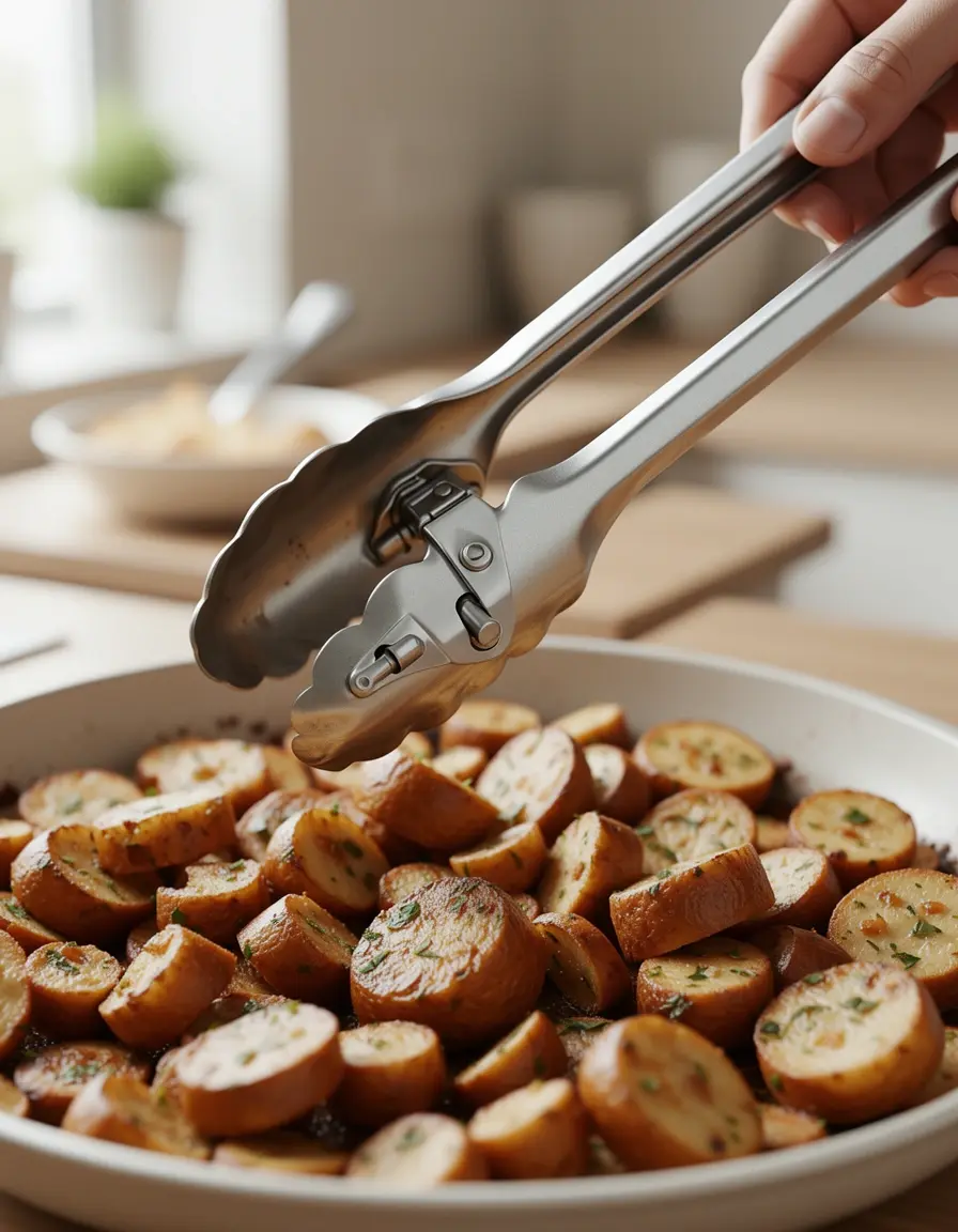 Pinzas de cocina de acero inoxidable de 12 pulgadas agarrando comida