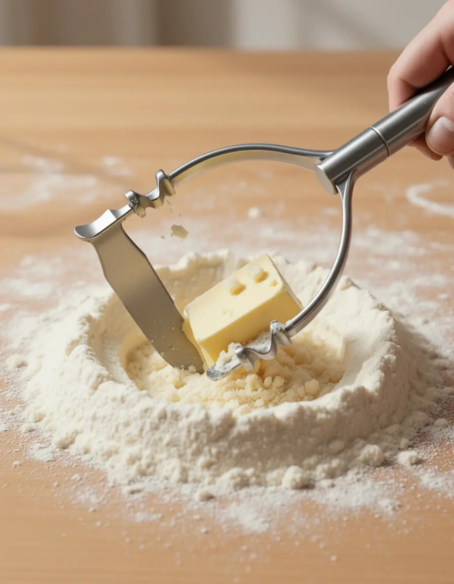 Mezclador de masa de acero inoxidable cortando mantequilla en harina