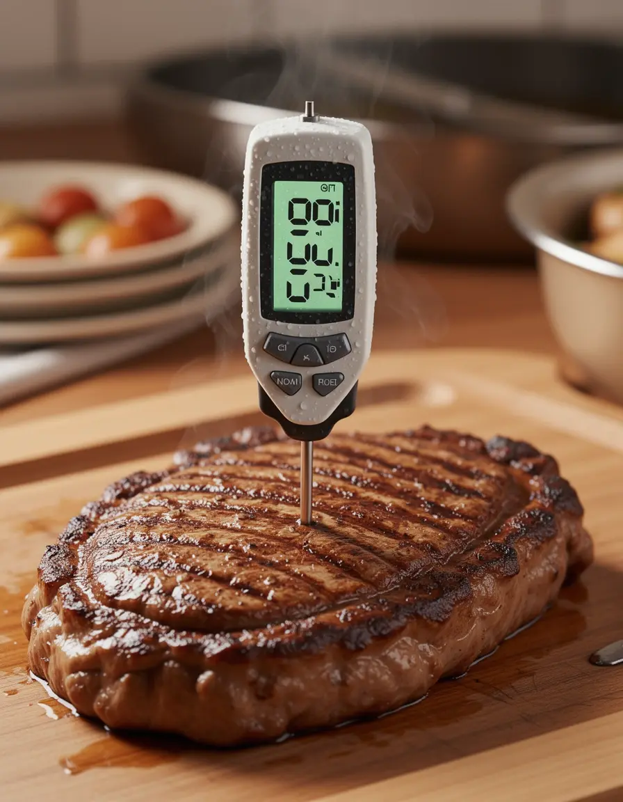 Termómetro digital de carne insertado en un filete con pantalla LCD