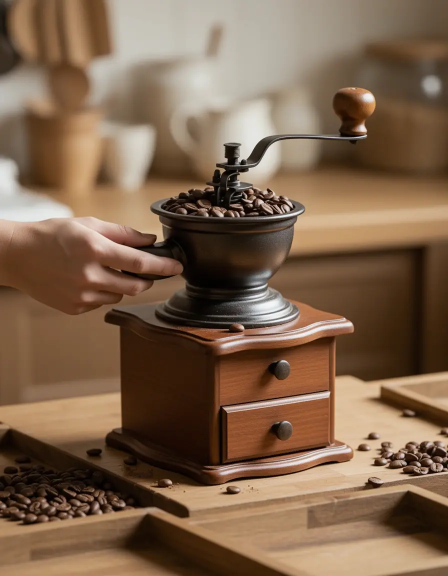 Molinillo de café manual de cerámica moliendo granos