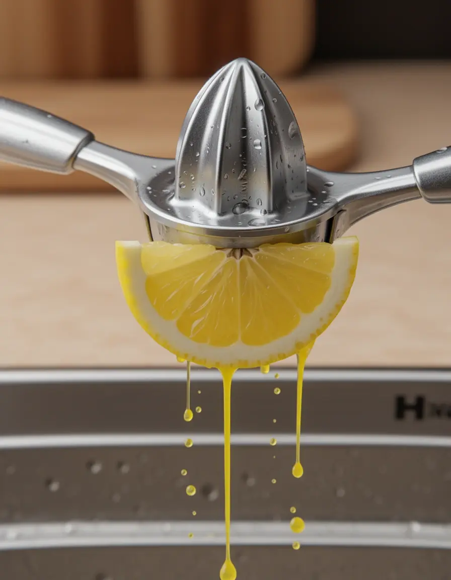 Exprimidor de limones de acero inoxidable extrayendo jugo de medio limón