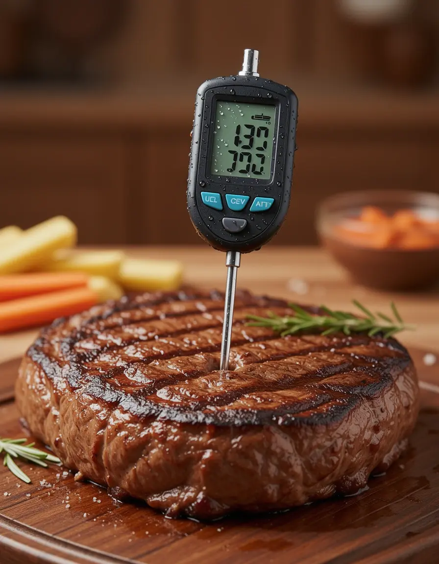 Termómetro digital para carne insertado en un filete con pantalla LCD
