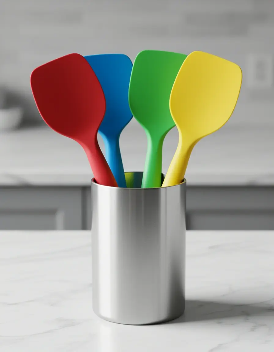 Set de 4 espátulas de silicona de colores en un soporte sobre encimera de mármol