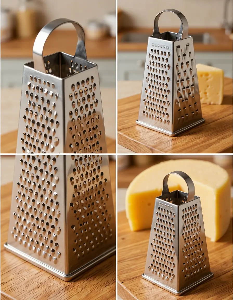 Rallador de caja de 4 caras de acero inoxidable rallando queso sobre madera
