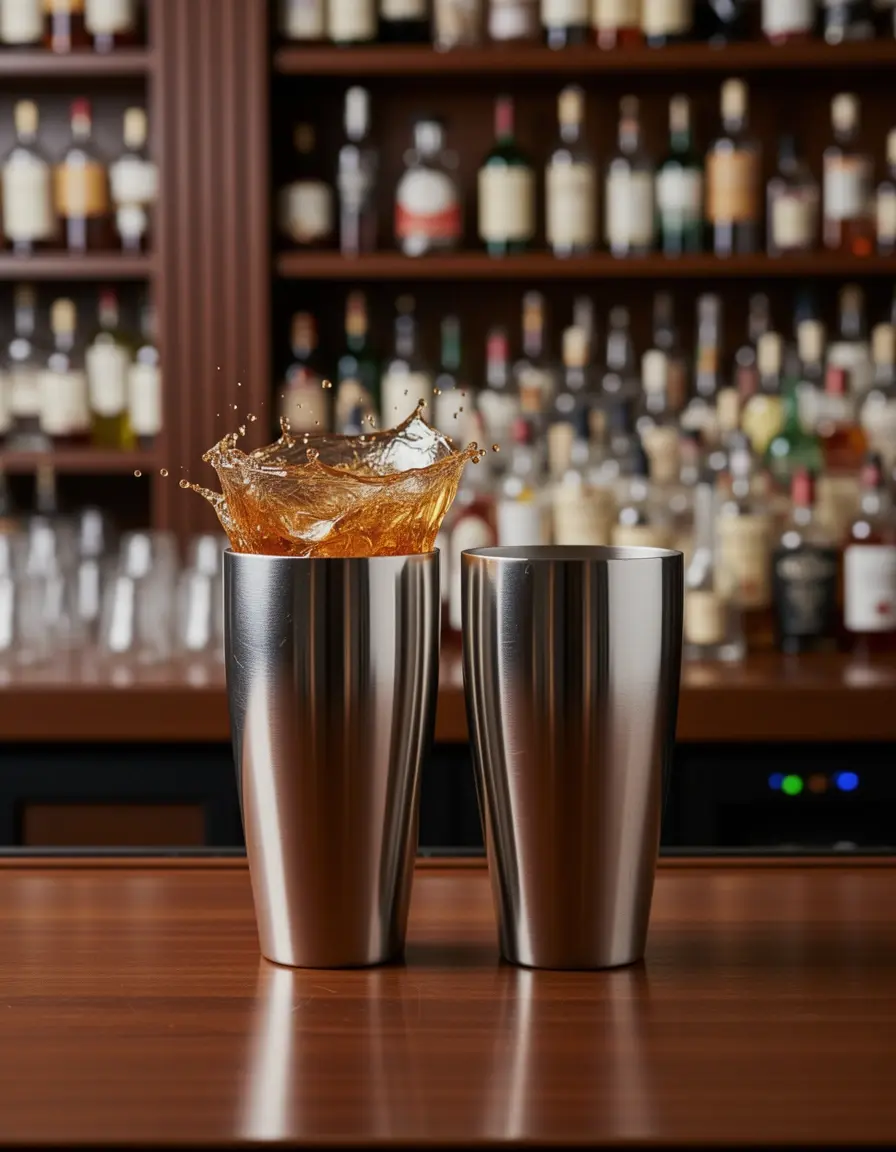 Set de coctelera de 3 piezas de acero inoxidable en ambiente de bar