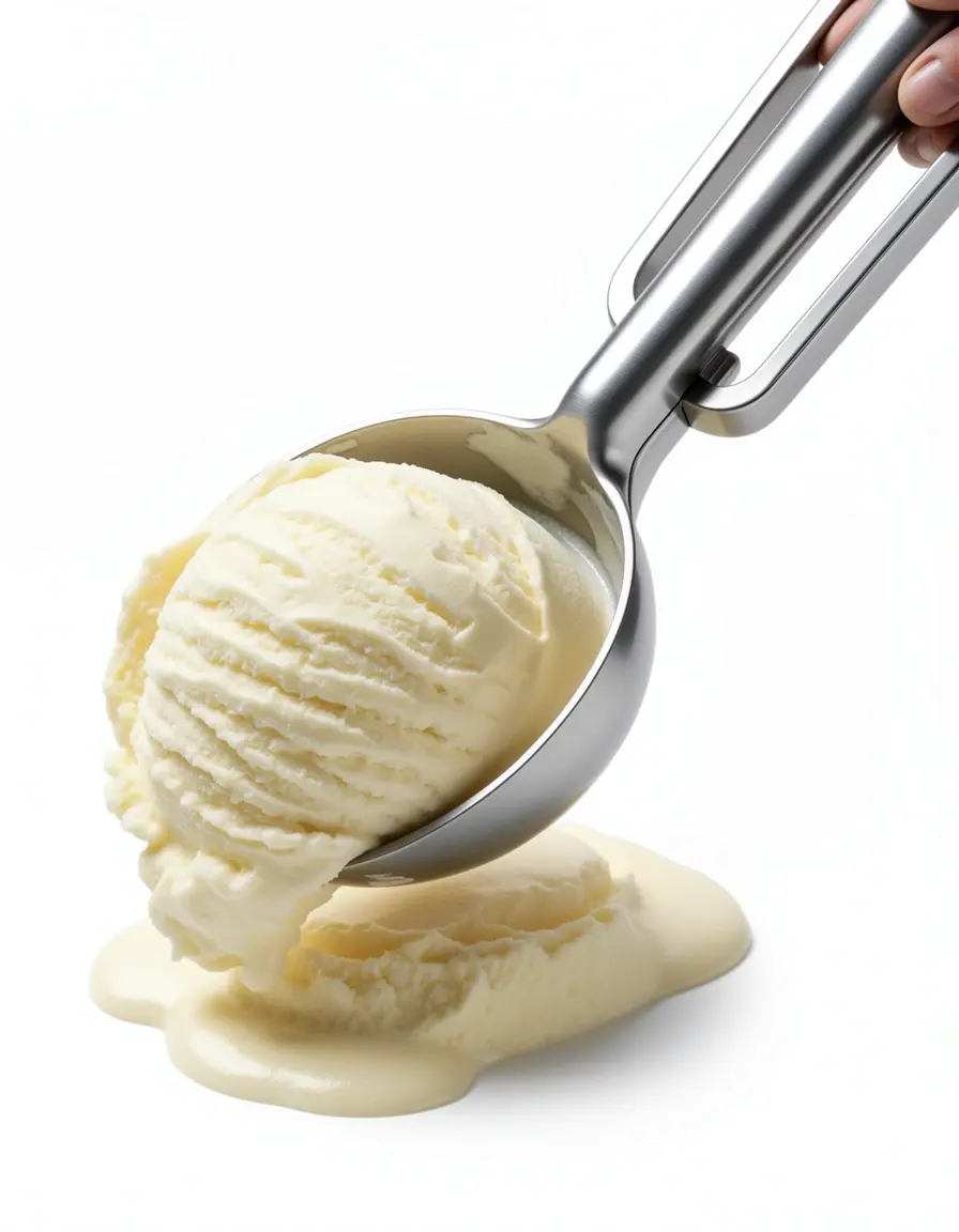 Cuchara para helado de acero inoxidable sirviendo una bola de helado de vainilla