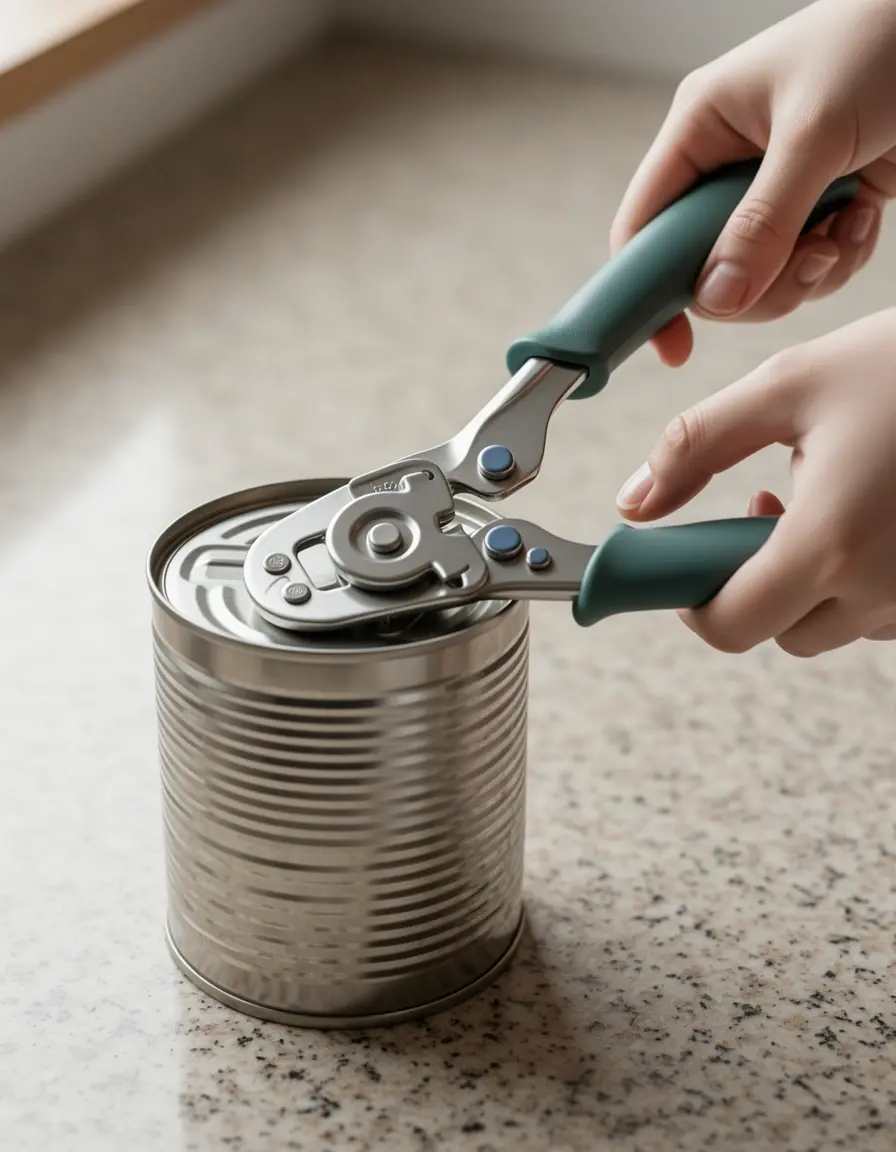 Abrelatas manual con mango suave abriendo una lata de forma segura, utensilios cocina ergonómicos.