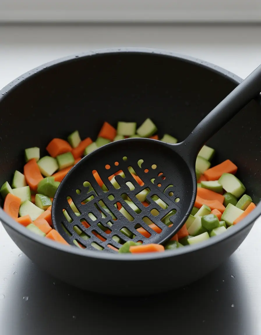 Cuchara ranurada de nylon negro escurriendo verduras, utensilios cocina resistentes al calor.