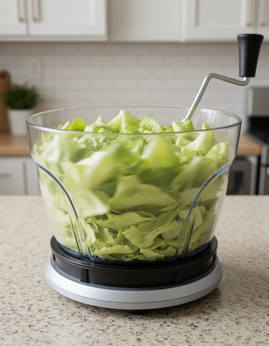 Centrifugadora de ensaladas de gran capacidad moliendo lechuga fresca, utensilios cocina prácticos.