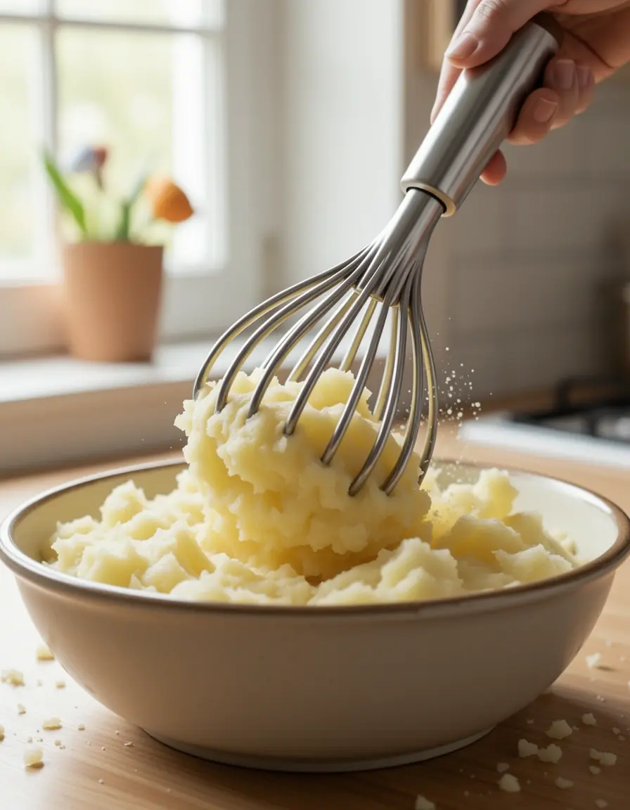 Prensapatatas con diseño de onda en acero inoxidable triturando patatas, utensilios cocina de alta calidad.
